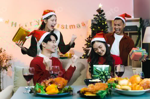 Preview: drinks and conversation, social gathering and get together at Merry Christmas young people.