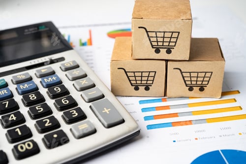Preview: Shopping cart logo on box with magnifying glass on graph background.
