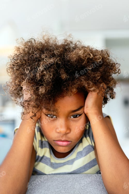 Preview: Portrait of offended preteen girl with sad, unhappy face. Adolescent teenager people problem concept