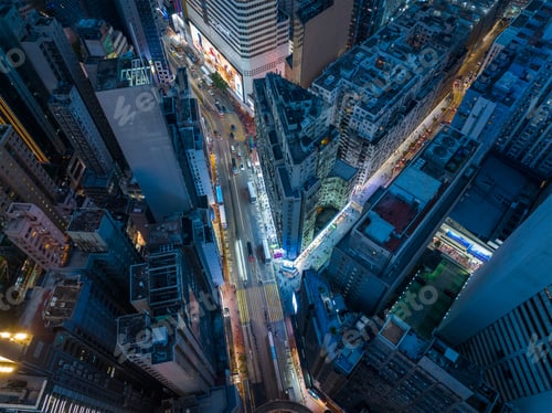 Preview: Causeway Bay, Hong Kong 29 January 2022: Drone fly over Hong Kong city at night