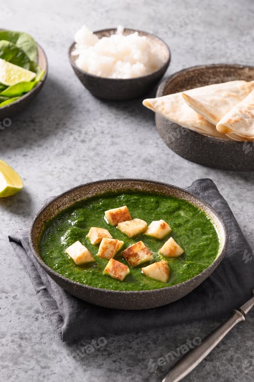 Preview: Palak Paneer of spinach and paneer cheese on grey stone background. Indian cuisine.