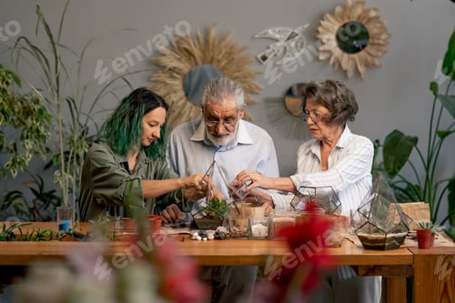 Preview: master class on creating compositions from plants for elderly people green-haired teacher happy old