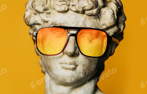 Preview: antique statue of a young man wearing classic 1980s action-hero style sunglasses
