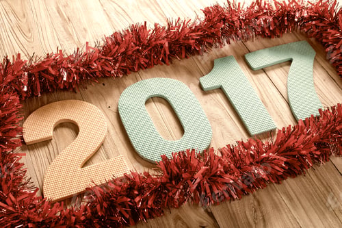 Preview: 2017 Text On Wood Vintage Board Decorate With Copy Space And Silver Star Ribbon Frame Decoration