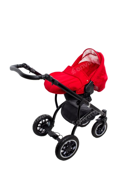 Preview: Bright Red Baby Stroller on White Background