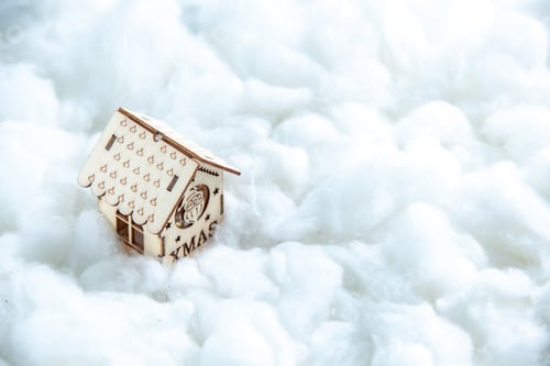 Preview: top view mini wood house on white background with free space