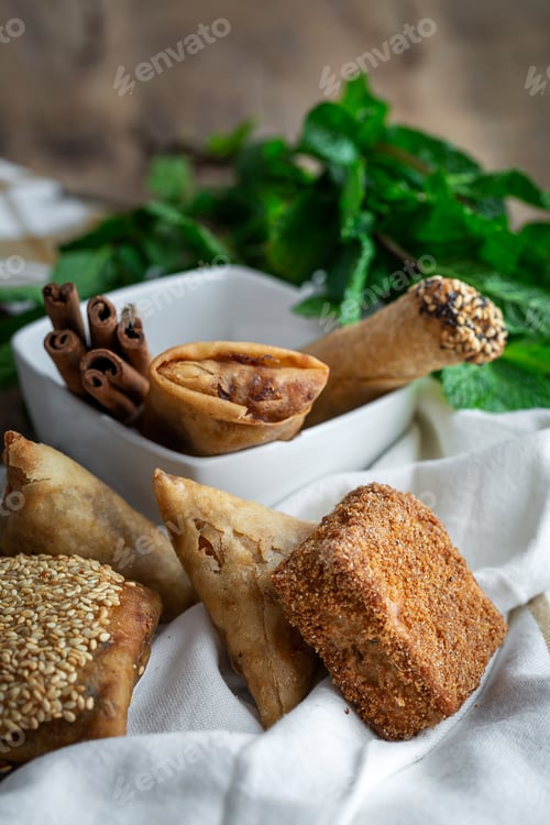 Preview: Typical Moroccan food on wooden table