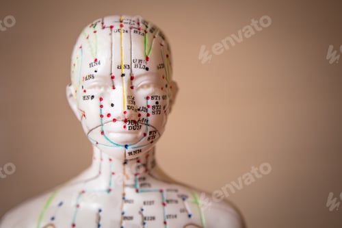 Preview: Selective focus shot of a dummy with Acupuncture points and meridians