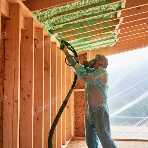 Preview: Worker spraying polyurethane foam for insulating wooden frame house.