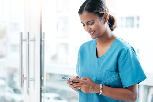 Preview: Phone, nurse and healthcare woman typing online for advice on life insurance and health website. Wo