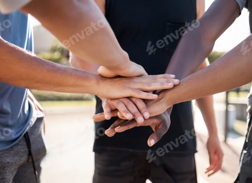 Preview: Sports, basketball and hands of team in support of huddle closeup, motivation and fitness goal at b