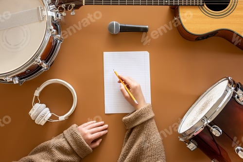 Preview: Musical background with musical instruments, flat lay, music creation concept.