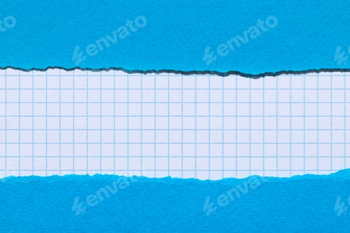 Preview: White school checkered paper between azure blue paper pieces with torn edges, copy space for text