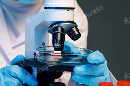 Preview: Close up photo of woman scientist working with microscope