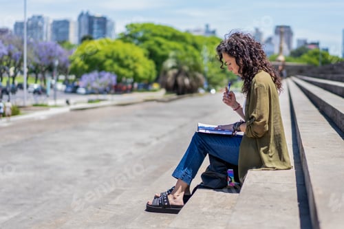 Preview: Mid-adult woman sketching on the steps of her college