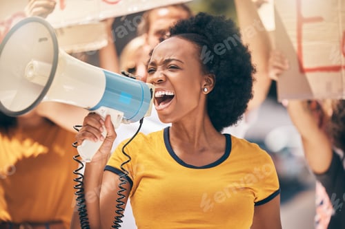 Preview: Protest, megaphone and speech of angry black woman at rally. Loudspeaker, revolution and speaking,