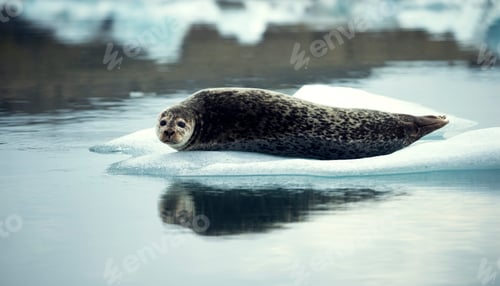 Preview: Grey seal (Halichoerus grypus) lying on an ice floe in Arctic waters.