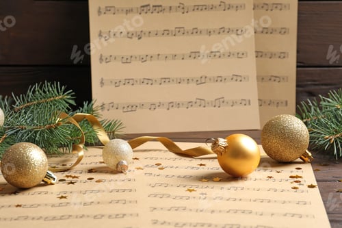 Preview: Composition with Christmas decorations and music sheets on table