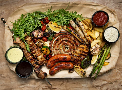 Preview: Sauces near fried meat and vegetables