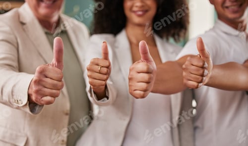 Preview: Business people, hands and thumbs up for winning, team or agreement in good job at the office. Grou