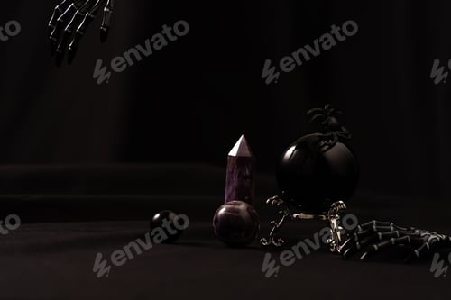 Preview: crystal, sphere and spiders Halloween scene.