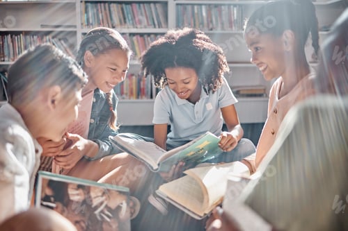Preview: Education, books or students reading in a library for group learning development or growth. Storyte