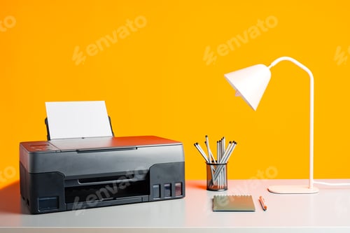 Preview: Laser printer on desk against yellow background.