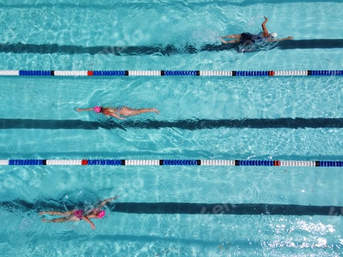 Preview: Aerial view of swimmers practicing in a pool