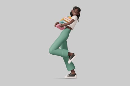 Preview: Young woman in colorful clothing stands on one leg with a stack of books.