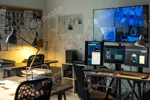 Preview: Corner of small office of FBI agency with board and large security camera