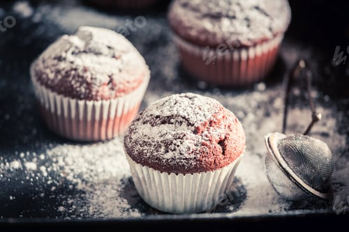 Preview: Closeup of sweet chocolate muffin with powdered sugar