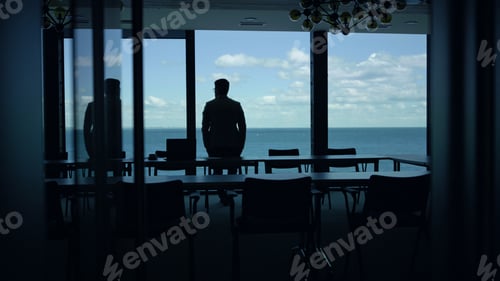 Preview: Ceo man silhouette thinking sea panorama window. Leader person looking at water