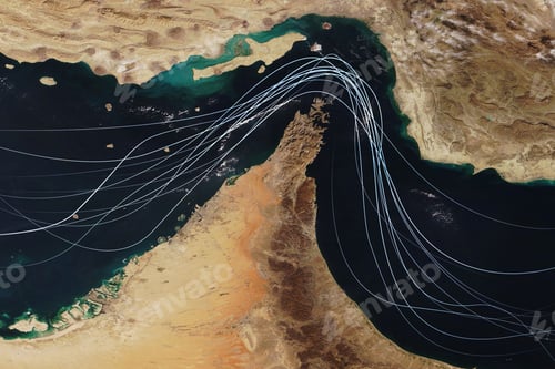 Preview: Satellite view of the Strait of Hormuz with white graphic lines representing global shipping lanes