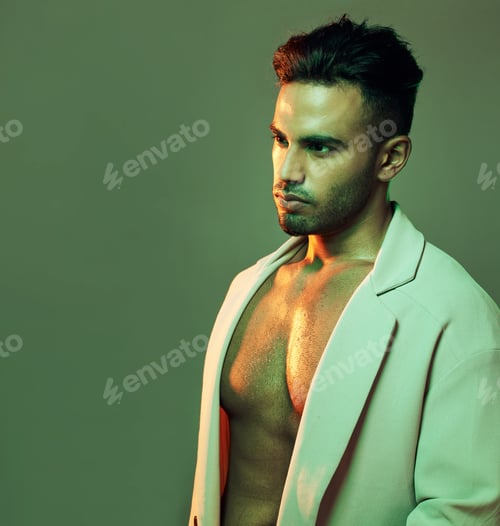 Preview: Neon, beauty and fashion with light and man with mockup for glowing, sexy and wellness. Creative, a