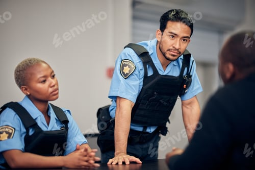 Preview: Interrogation, arrest and police team with a suspect for questions as law enforcement officers. Sec