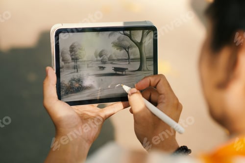 Preview: Man drawing park with stylus in tablet