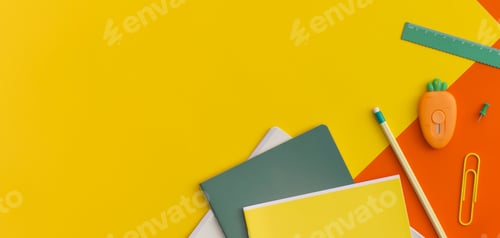 Preview: School stationery on color background. Top view with copy space. Back to school concept.