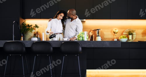 Preview: Love, hug and coffee with interracial couple in kitchen for bonding, morning and romance. Happiness