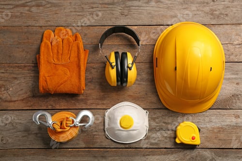 Preview: Flat lay composition with safety equipment on wooden background