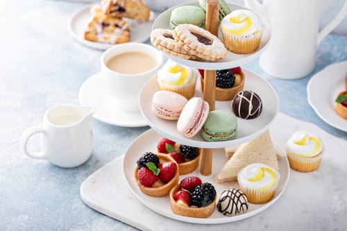 Preview: Spring or summer dessert table, three tiered tray with desserts