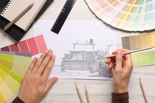 Preview: Woman drawing sketch of room interior at white wooden table, top view