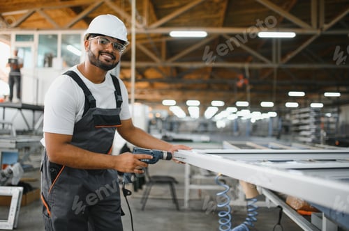 Preview: Happy bearded Indian male factory worker in special uniform and white hard