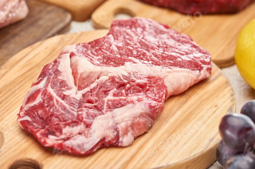 Preview: Close up view of raw meat on light wooden cutting board