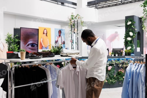 Preview: Clothing mall assistant hanging shirts on rack for sale