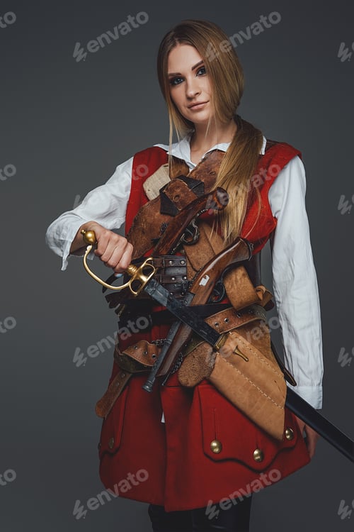Preview: Medieval woman buccaneer with saber wearing red coat