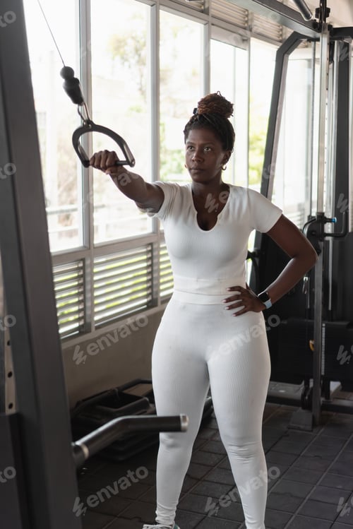 Preview: Determined black woman performing cable row exercise in gym
