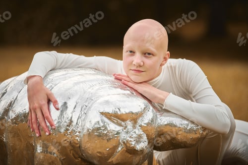 Preview: Portrait of young hairless girl with alopecia in white cloth hugging figure of tardigrade