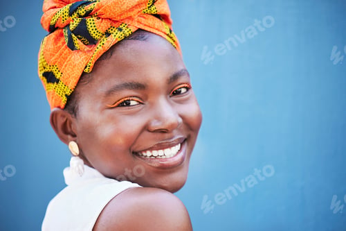 Preview: Black woman, face portrait and happy smile with makeup, beauty and fashion scarf on her head with b