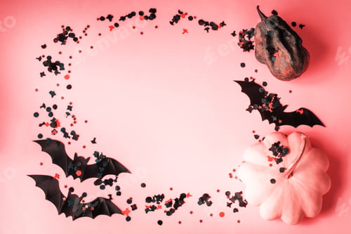 Preview: Halloween pumpkin and bat with confetti on pink