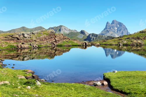 Preview: Pic du Midi d Ossau reflecting in Anayet lake, Spanish Pyrenees, Aragon, Spain